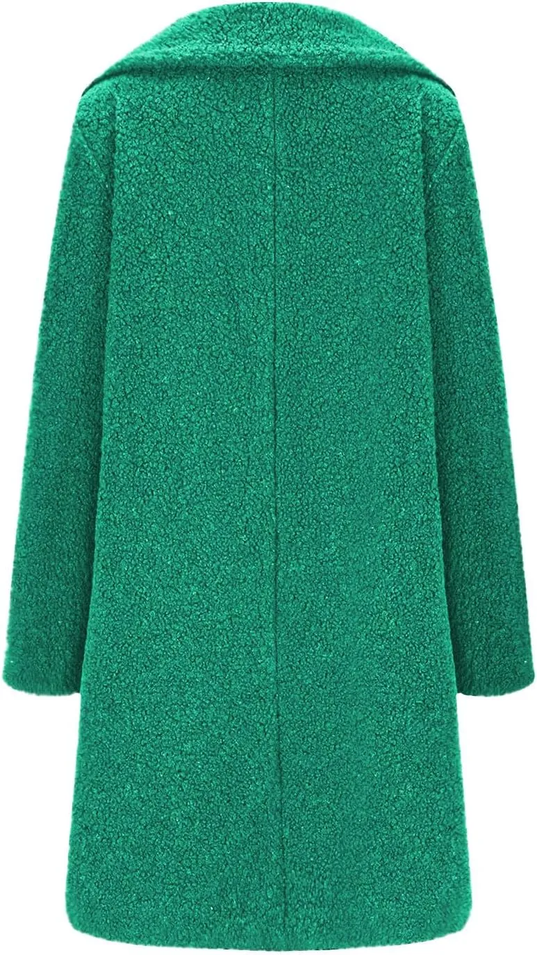 Women's 2024 Winter Sherpa Peacoat Solid Color Lapel Oversized Fleece Outerwear Long Sleeve Open Front Trench Jacket