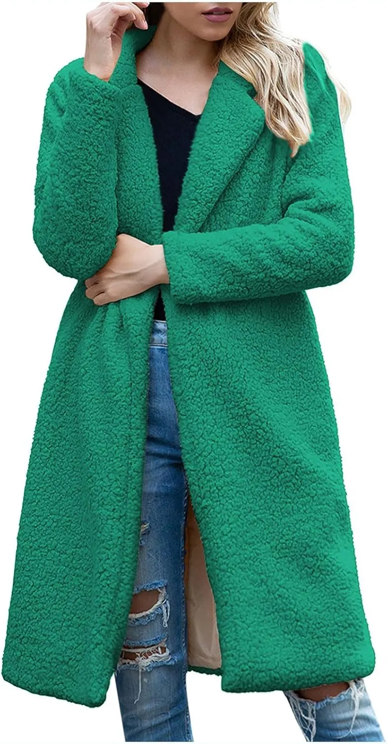 Women's 2024 Winter Sherpa Peacoat Solid Color Lapel Oversized Fleece Outerwear Long Sleeve Open Front Trench Jacket