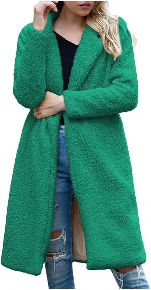 Women's 2024 Winter Sherpa Peacoat Solid Color Lapel Oversized Fleece Outerwear Long Sleeve Open Front Trench Jacket