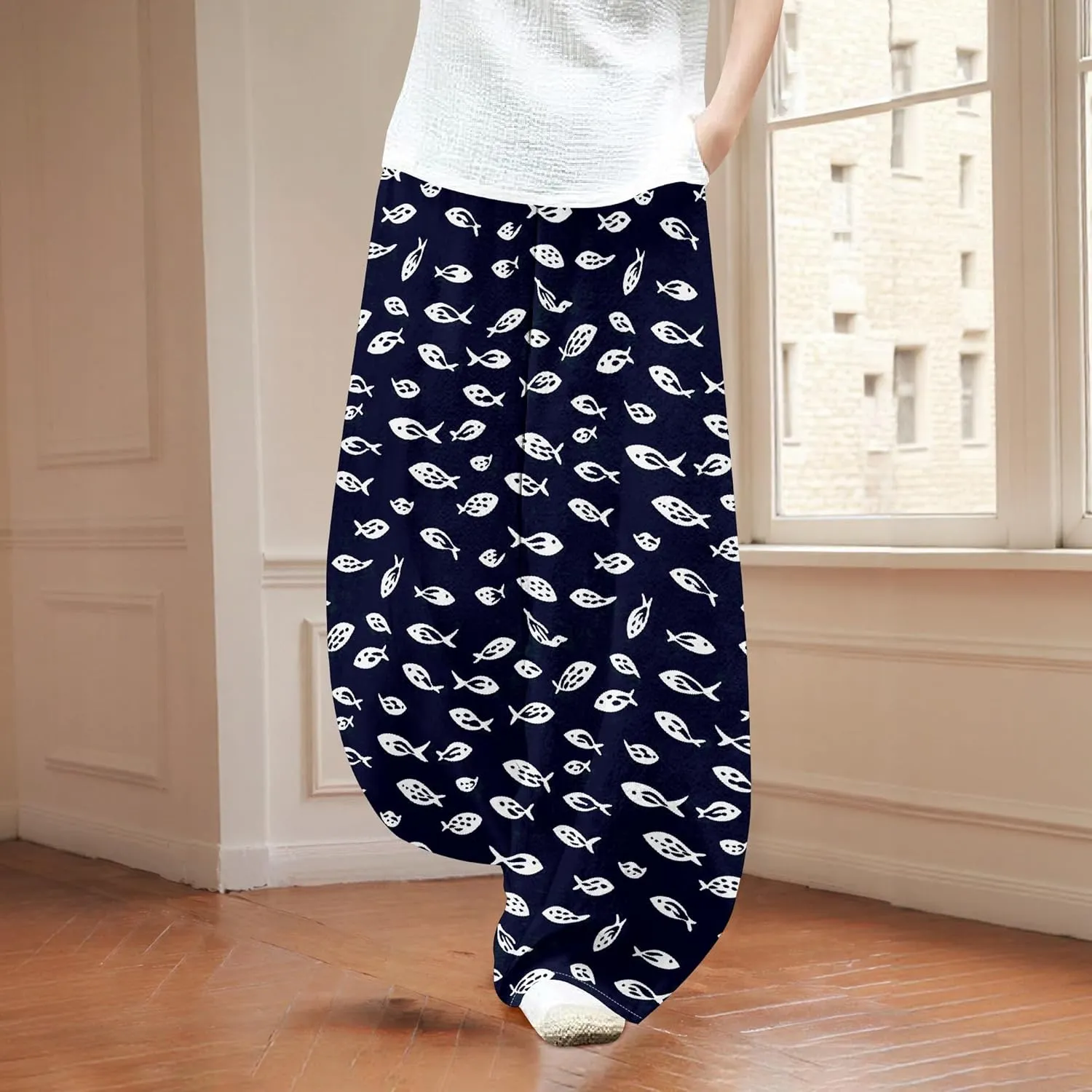 Womens Baggy Cotton Blend Elastic WaistWide Leg Palazzo Pants Ladies Summer Casual Loose Hippie Lantern Trousers