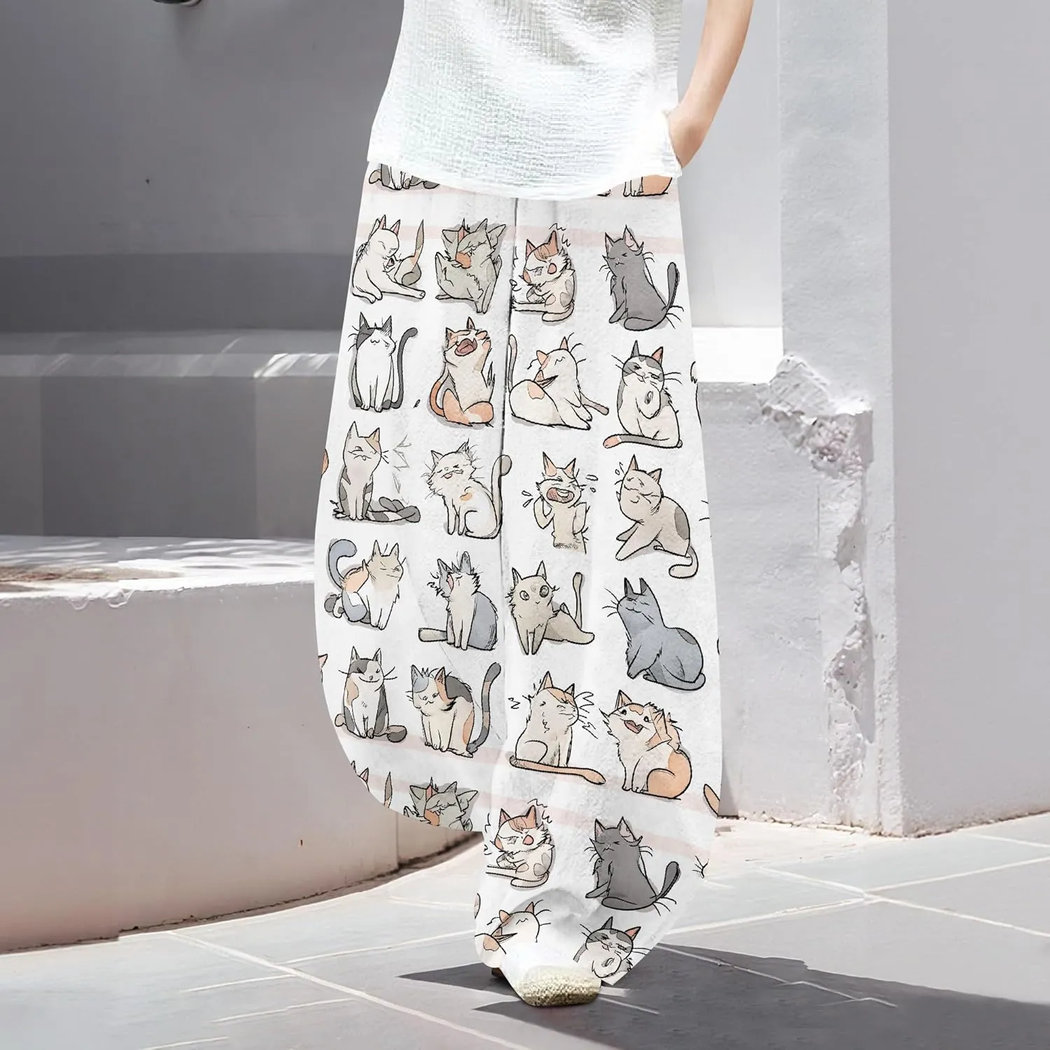 Womens Baggy Cotton Blend Elastic WaistWide Leg Palazzo Pants Ladies Summer Casual Loose Hippie Lantern Trousers