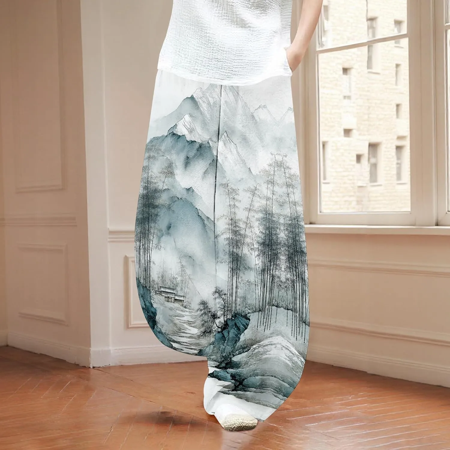 Womens Baggy Cotton Blend Elastic WaistWide Leg Palazzo Pants Ladies Summer Casual Loose Hippie Lantern Trousers