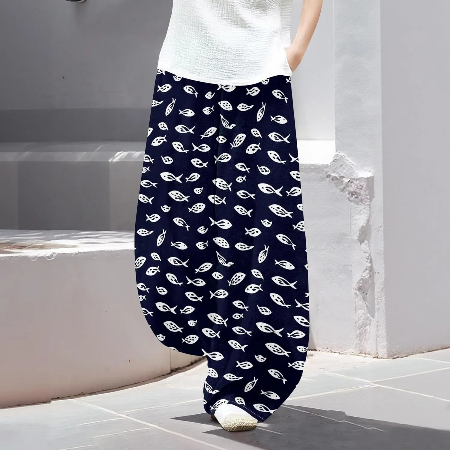 Womens Baggy Cotton Blend Elastic WaistWide Leg Palazzo Pants Ladies Summer Casual Loose Hippie Lantern Trousers