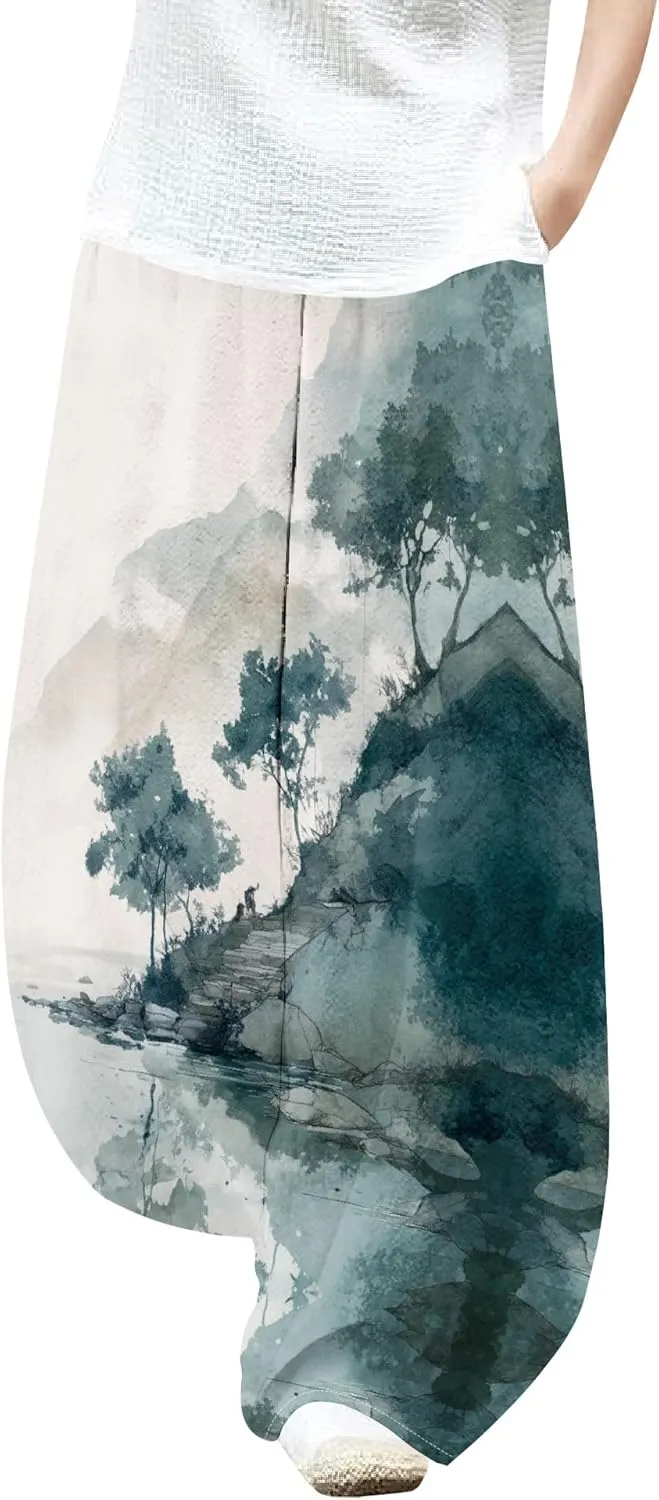 Womens Baggy Cotton Blend Elastic WaistWide Leg Palazzo Pants Ladies Summer Casual Loose Hippie Lantern Trousers