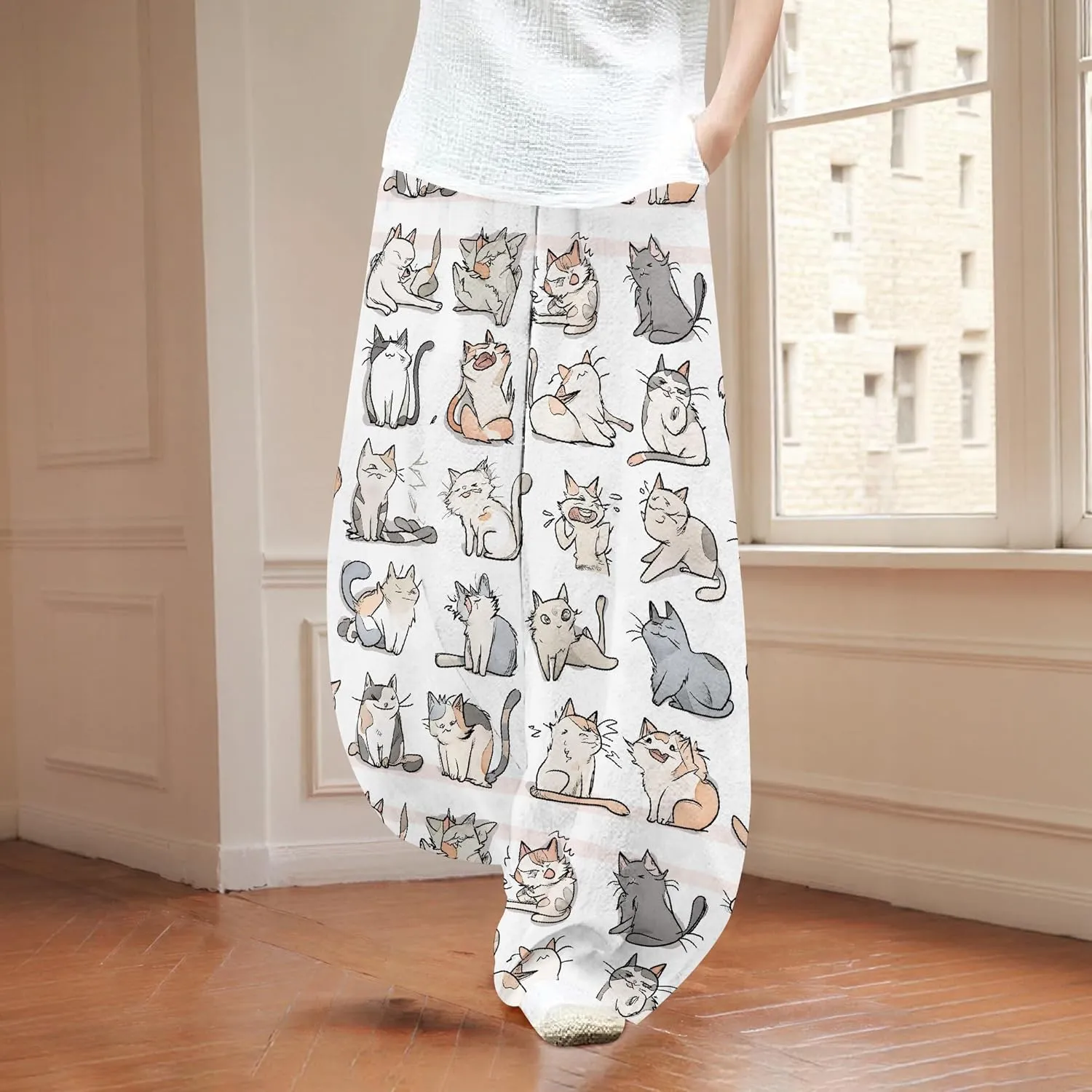 Womens Baggy Cotton Blend Elastic WaistWide Leg Palazzo Pants Ladies Summer Casual Loose Hippie Lantern Trousers