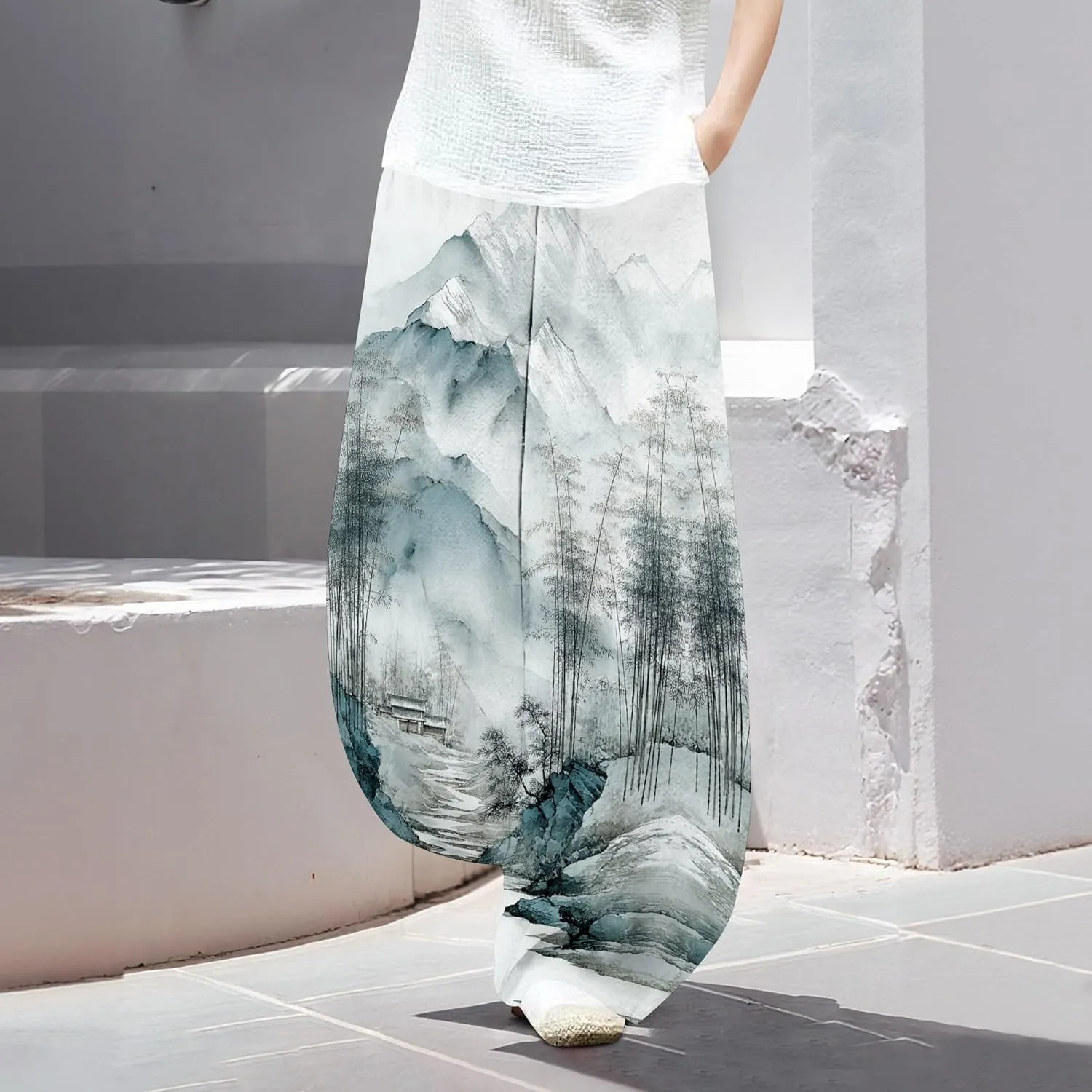 Womens Baggy Cotton Blend Elastic WaistWide Leg Palazzo Pants Ladies Summer Casual Loose Hippie Lantern Trousers