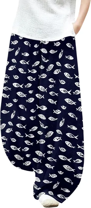 Womens Baggy Cotton Blend Elastic WaistWide Leg Palazzo Pants Ladies Summer Casual Loose Hippie Lantern Trousers