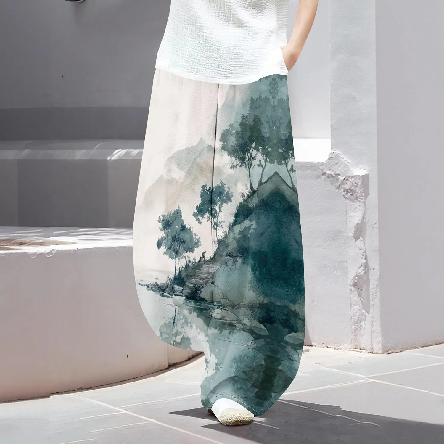 Womens Baggy Cotton Blend Elastic WaistWide Leg Palazzo Pants Ladies Summer Casual Loose Hippie Lantern Trousers