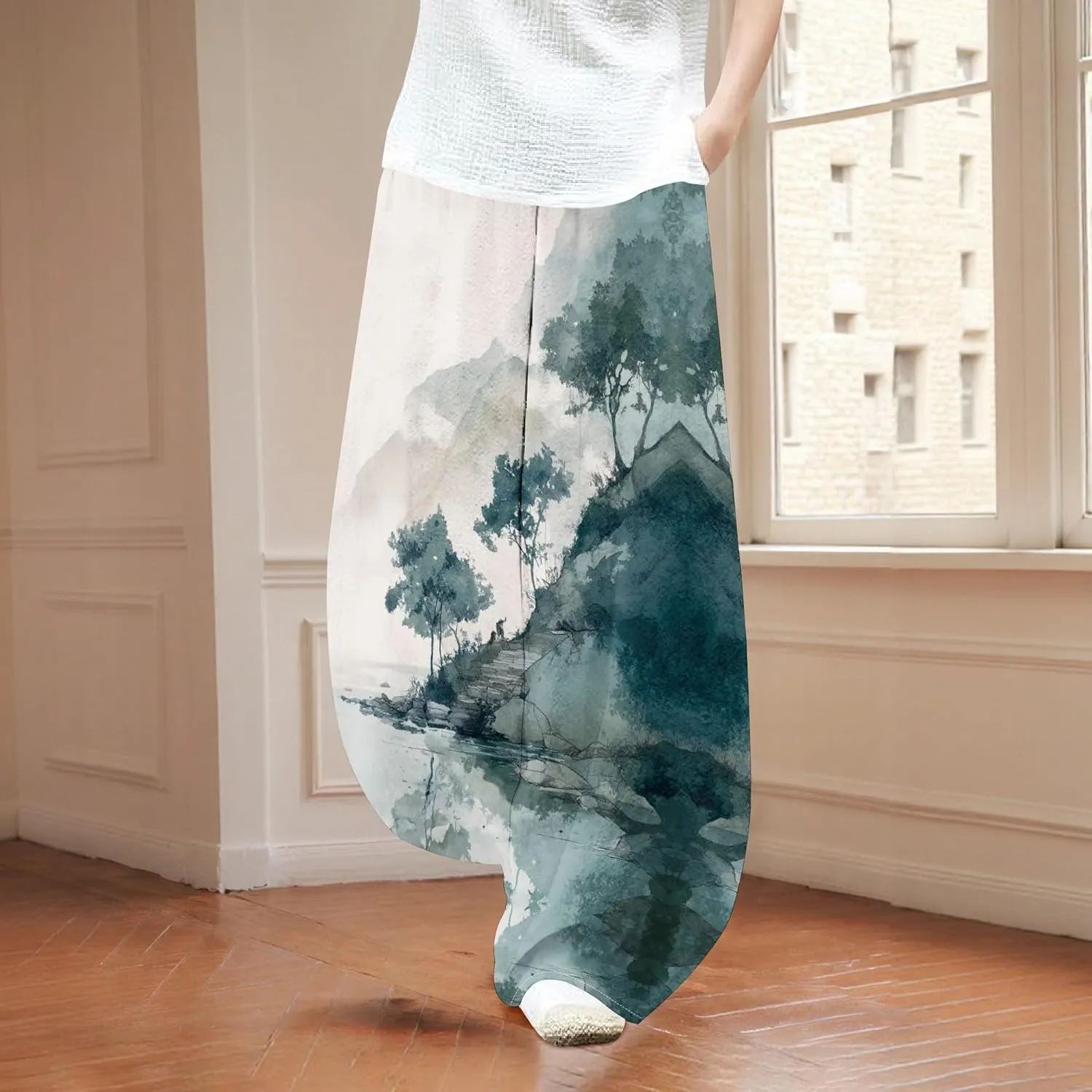 Womens Baggy Cotton Blend Elastic WaistWide Leg Palazzo Pants Ladies Summer Casual Loose Hippie Lantern Trousers
