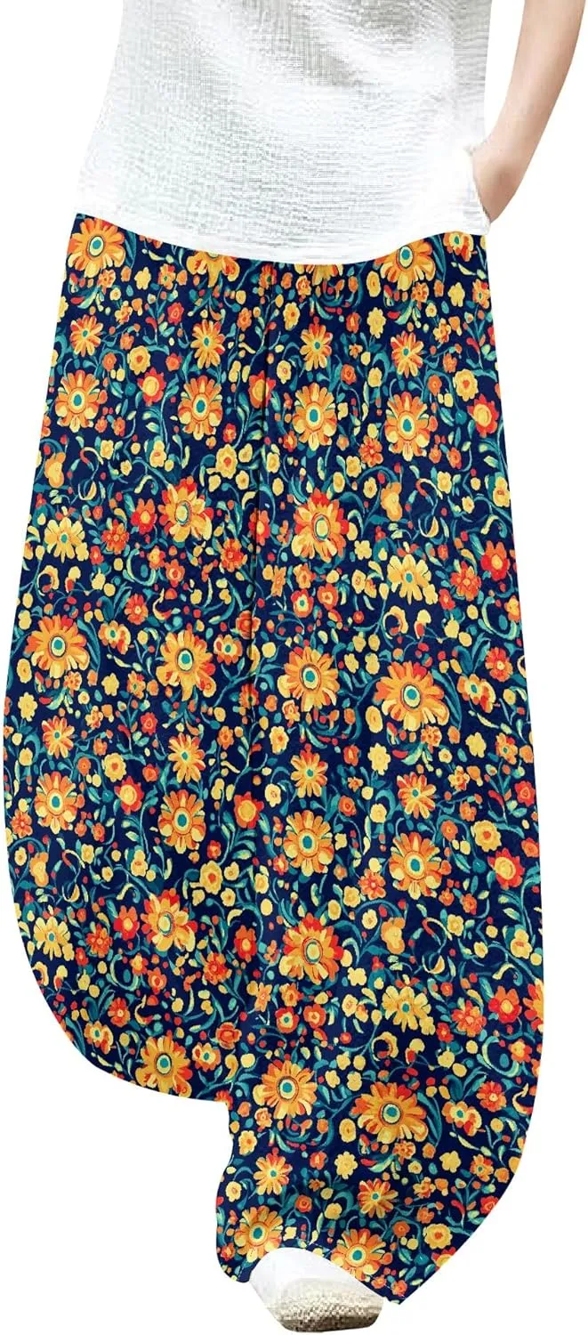 Womens Baggy Cotton Linen Blend Wide Leg Palazzo Pants Ladies Summer Casual Low Rise Elastic Waist Lantern Trousers