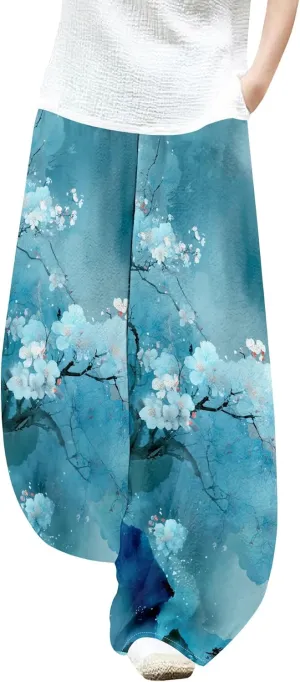 Womens Baggy Cotton Linen Blend Wide Leg Palazzo Pants Ladies Summer Casual Low Rise Elastic Waist Lantern Trousers