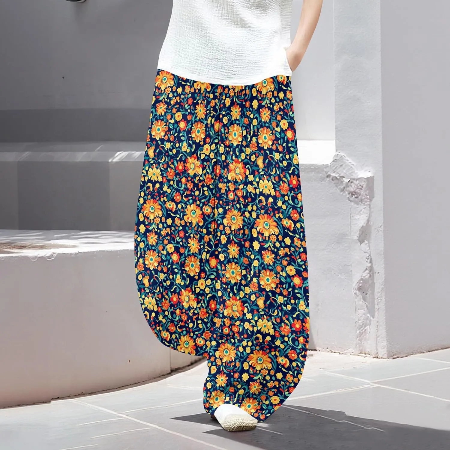 Womens Baggy Cotton Linen Blend Wide Leg Palazzo Pants Ladies Summer Casual Low Rise Elastic Waist Lantern Trousers