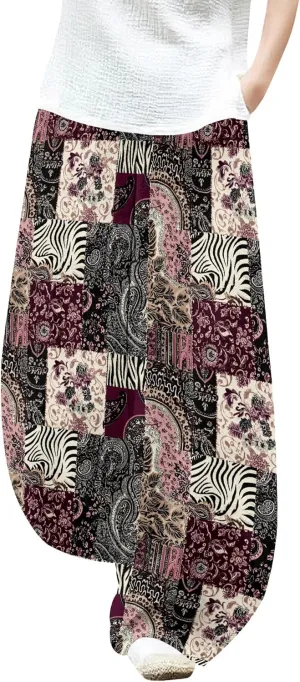 Womens Baggy Cotton Linen Blend Wide Leg Palazzo Pants Ladies Summer Casual Low Rise Elastic Waist Lantern Trousers