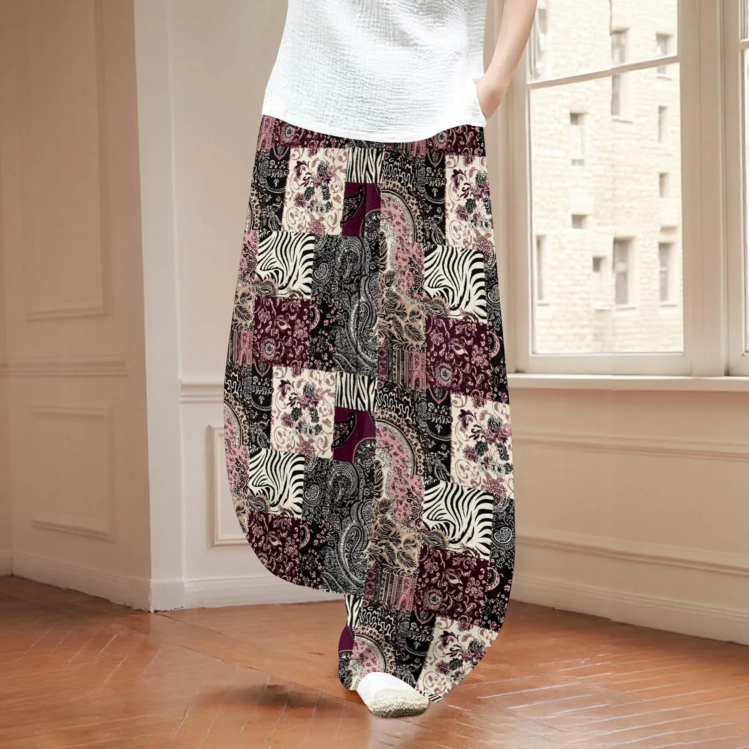 Womens Baggy Cotton Linen Blend Wide Leg Palazzo Pants Ladies Summer Casual Low Rise Elastic Waist Lantern Trousers