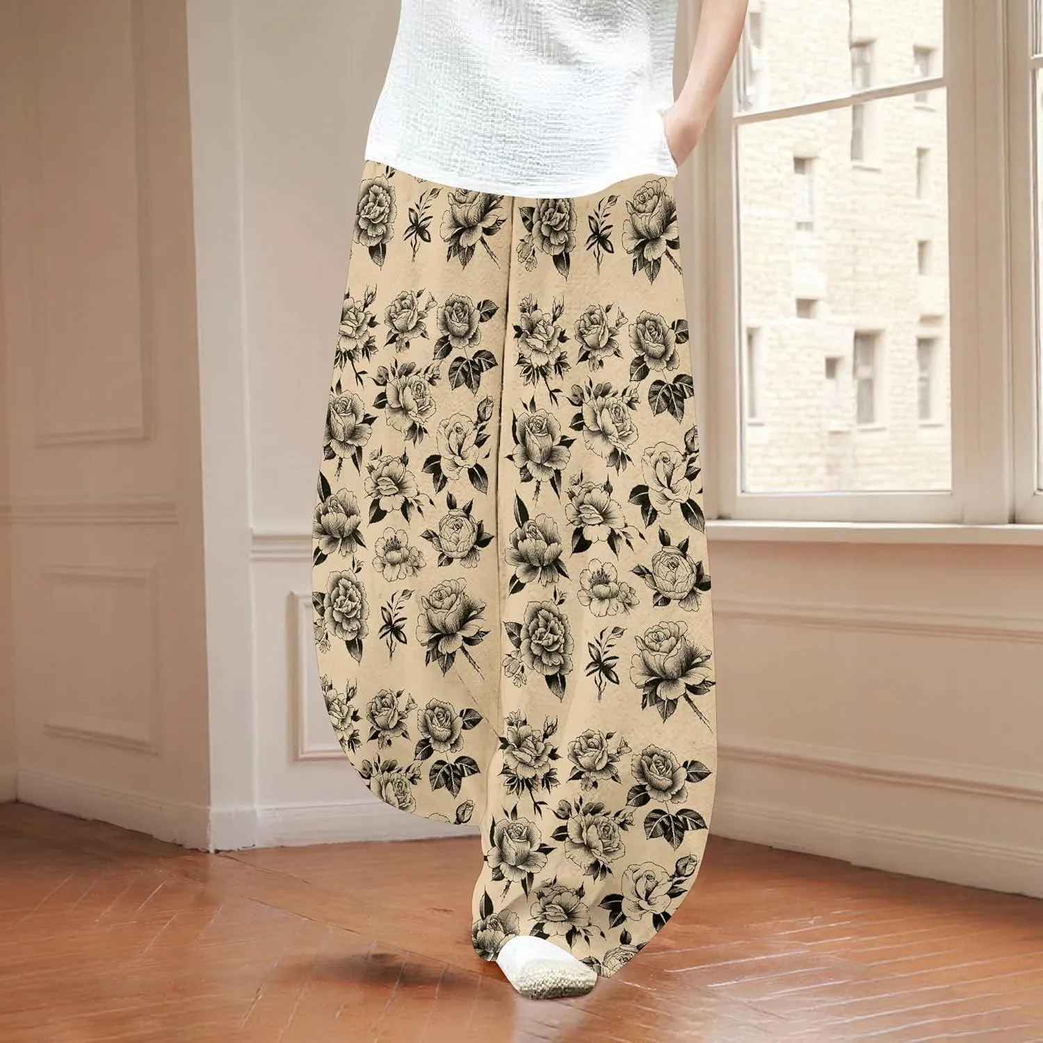 Womens Baggy Cotton Linen Blend Wide Leg Palazzo Pants Ladies Summer Casual Low Rise Elastic Waist Lantern Trousers