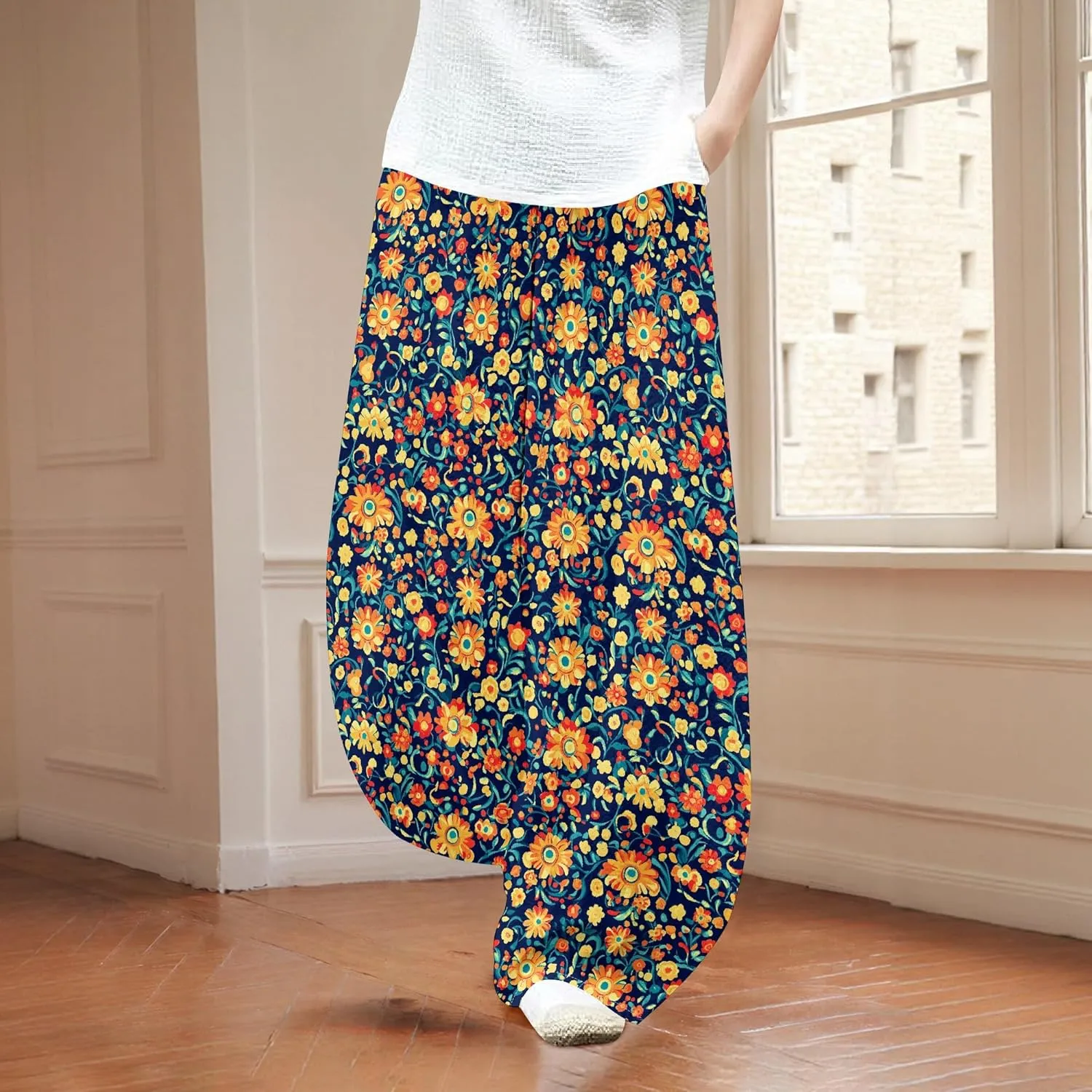 Womens Baggy Cotton Linen Blend Wide Leg Palazzo Pants Ladies Summer Casual Low Rise Elastic Waist Lantern Trousers