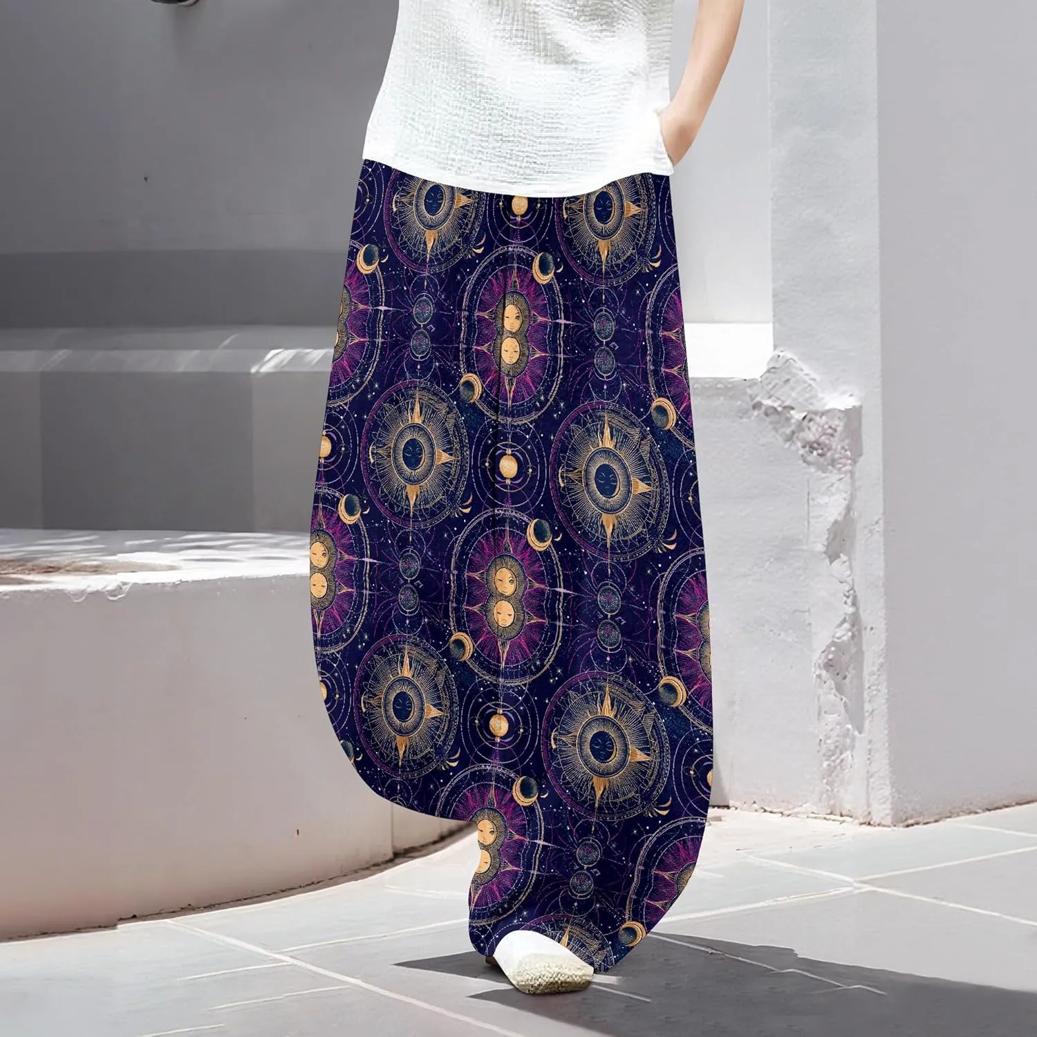 Womens Baggy Cotton Linen Blend Wide Leg Palazzo Pants Ladies Summer Casual Low Rise Elastic Waist Lantern Trousers