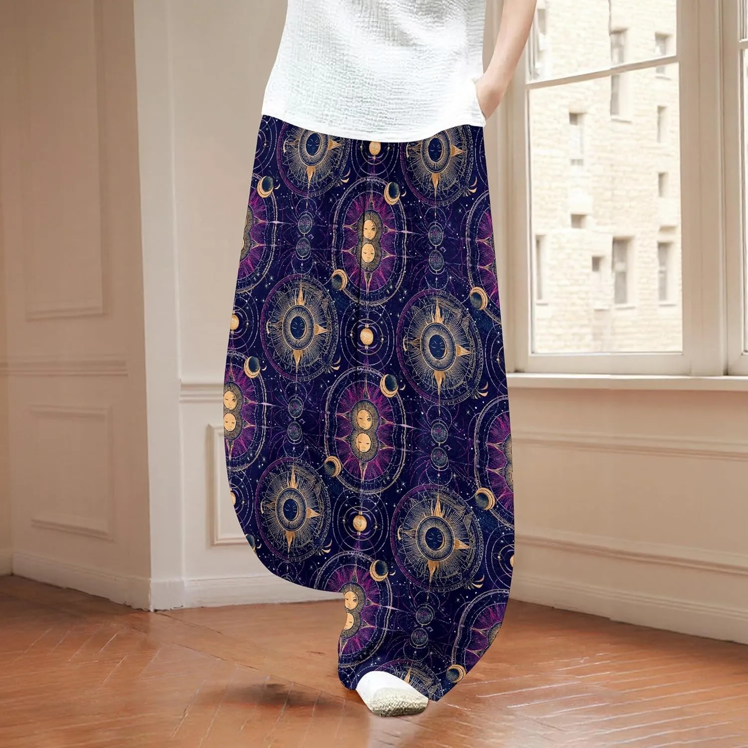 Womens Baggy Cotton Linen Blend Wide Leg Palazzo Pants Ladies Summer Casual Low Rise Elastic Waist Lantern Trousers