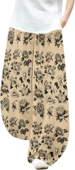 Womens Baggy Cotton Linen Blend Wide Leg Palazzo Pants Ladies Summer Casual Low Rise Elastic Waist Lantern Trousers