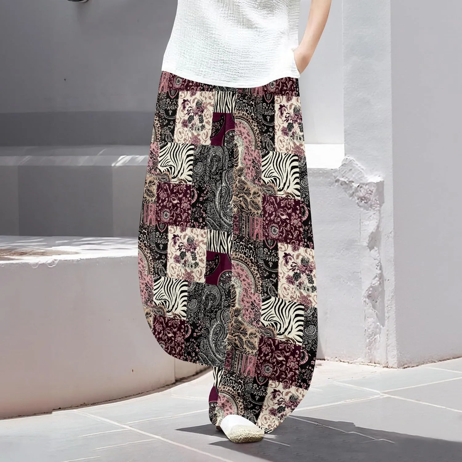 Womens Baggy Cotton Linen Blend Wide Leg Palazzo Pants Ladies Summer Casual Low Rise Elastic Waist Lantern Trousers