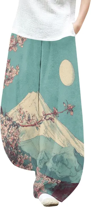 Womens Baggy Cotton Linen Blend Wide Leg Palazzo Pants Ladies Summer Casual Low Rise Elastic Waist Lantern Trousers
