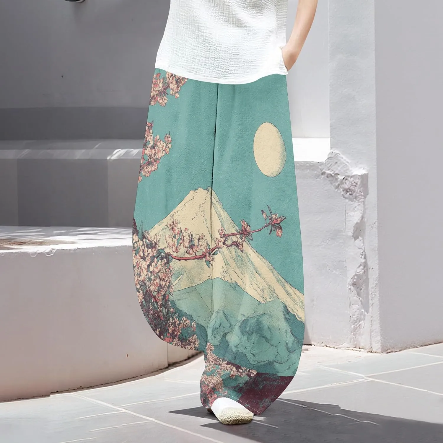 Womens Baggy Cotton Linen Blend Wide Leg Palazzo Pants Ladies Summer Casual Low Rise Elastic Waist Lantern Trousers