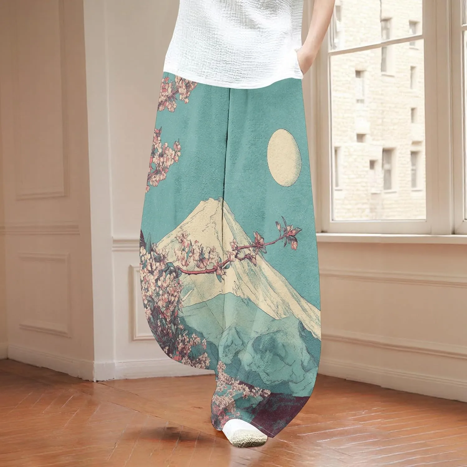 Womens Baggy Cotton Linen Blend Wide Leg Palazzo Pants Ladies Summer Casual Low Rise Elastic Waist Lantern Trousers