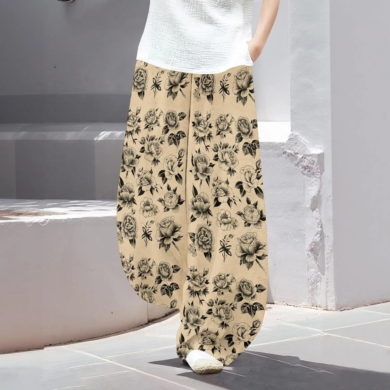 Womens Baggy Cotton Linen Blend Wide Leg Palazzo Pants Ladies Summer Casual Low Rise Elastic Waist Lantern Trousers