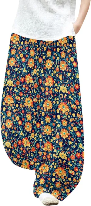 Womens Baggy Cotton Linen Blend Wide Leg Palazzo Pants Ladies Summer Casual Low Rise Elastic Waist Lantern Trousers