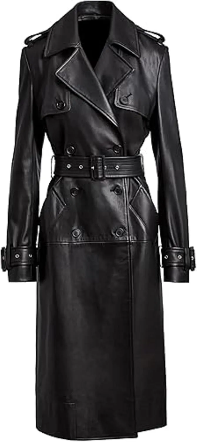 Womens Black Belted Trench Coat Genuine Leather Full Length for Timeless Style