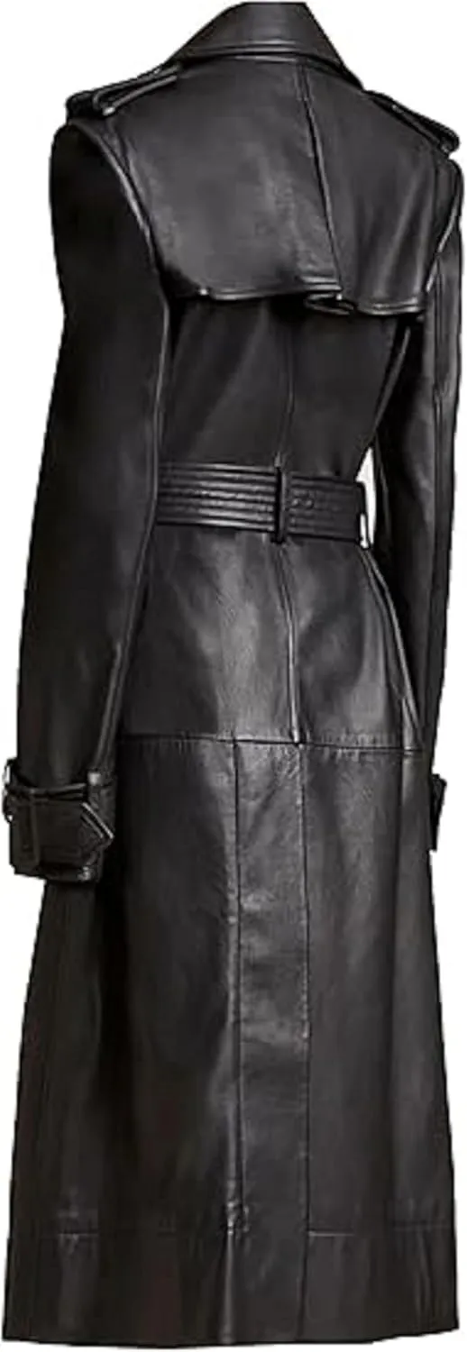 Womens Black Belted Trench Coat Genuine Leather Full Length for Timeless Style