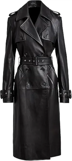 Womens Black Belted Trench Coat Genuine Leather Full Length for Timeless Style