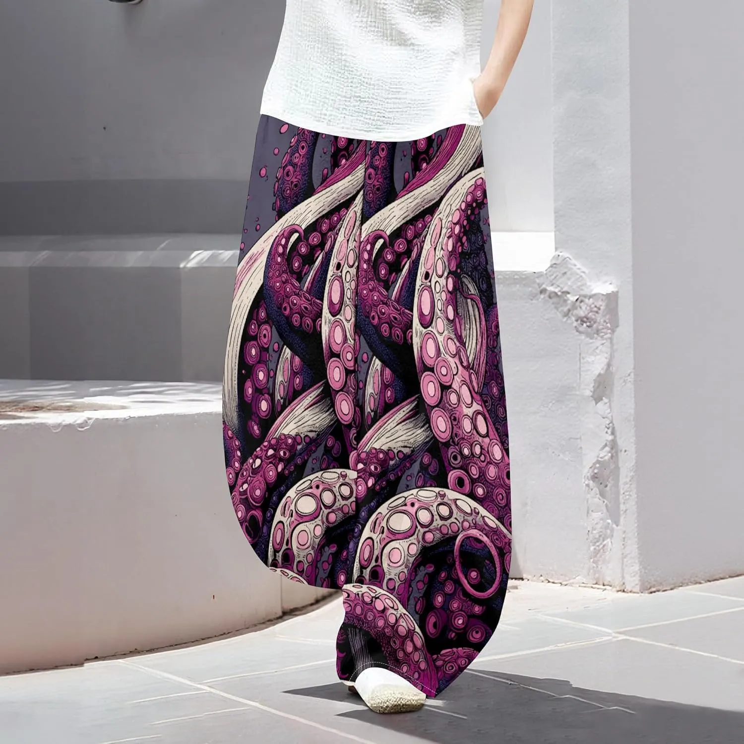 Womens Cotton Linen Blend High Waisted Capri Pants with Pockets Summer Elastic Waist Palazzo Lounge Baggy Trousers