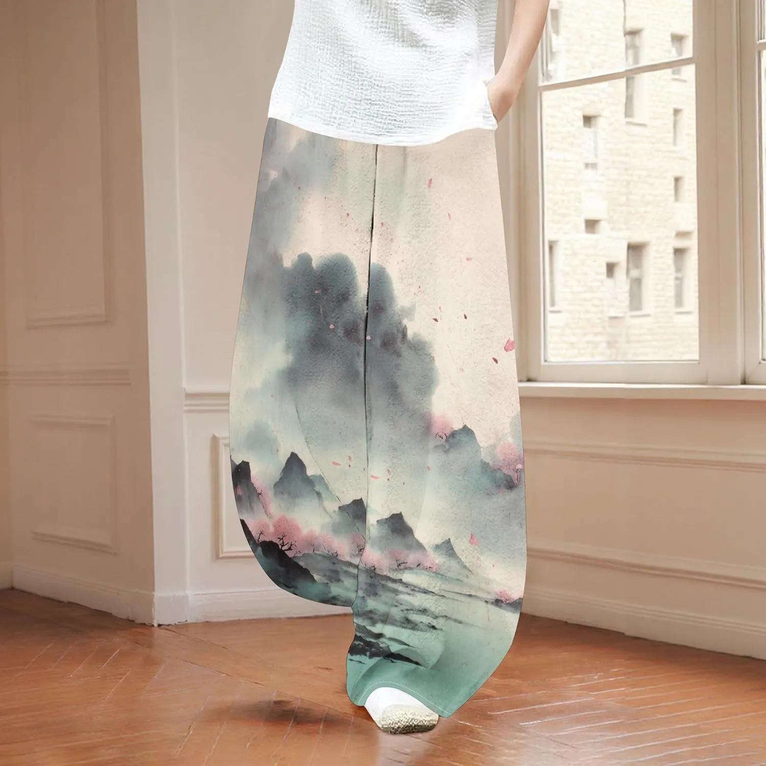 Womens Cotton Linen Blend High Waisted Capri Pants with Pockets Summer Elastic Waist Palazzo Lounge Baggy Trousers