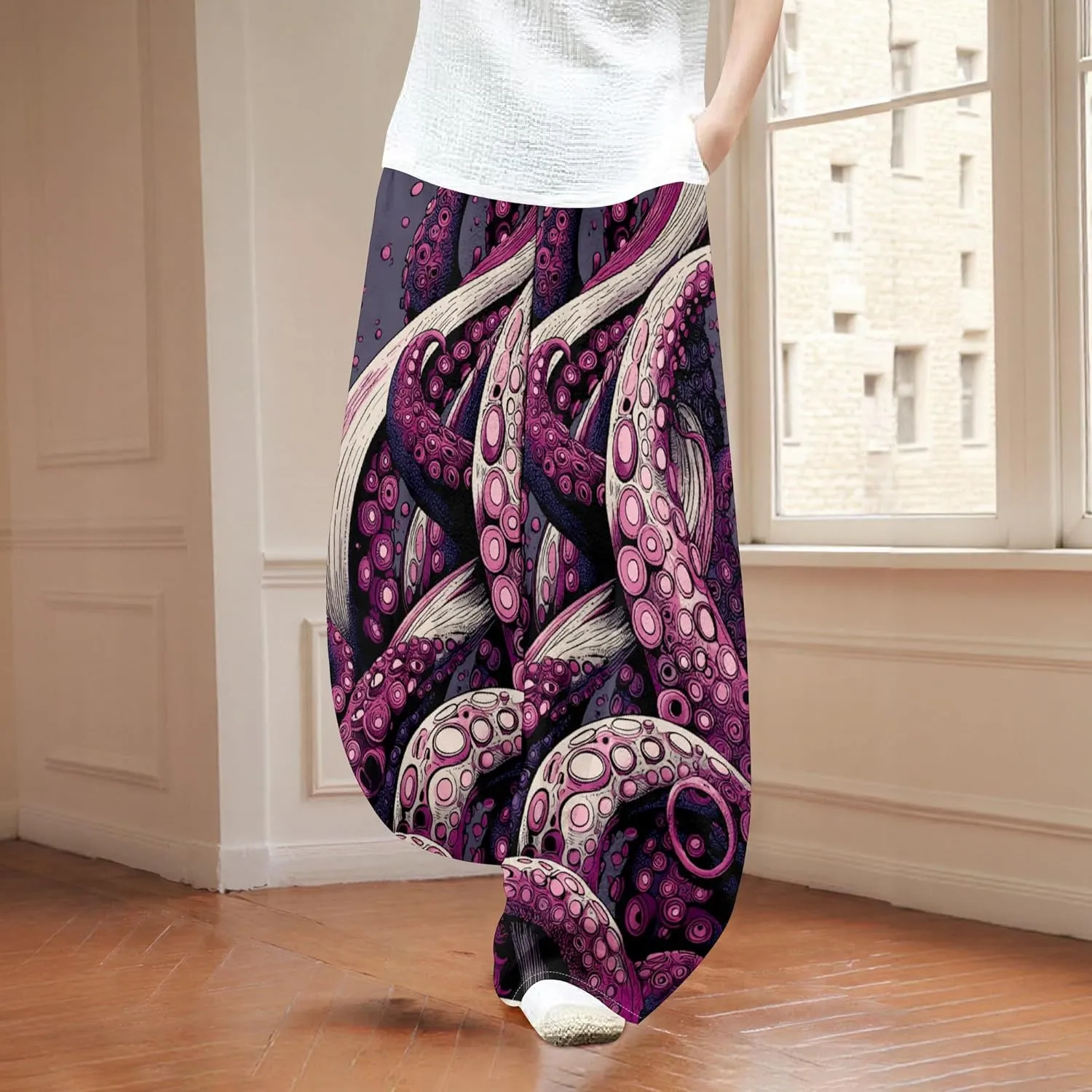 Womens Cotton Linen Blend High Waisted Capri Pants with Pockets Summer Elastic Waist Palazzo Lounge Baggy Trousers
