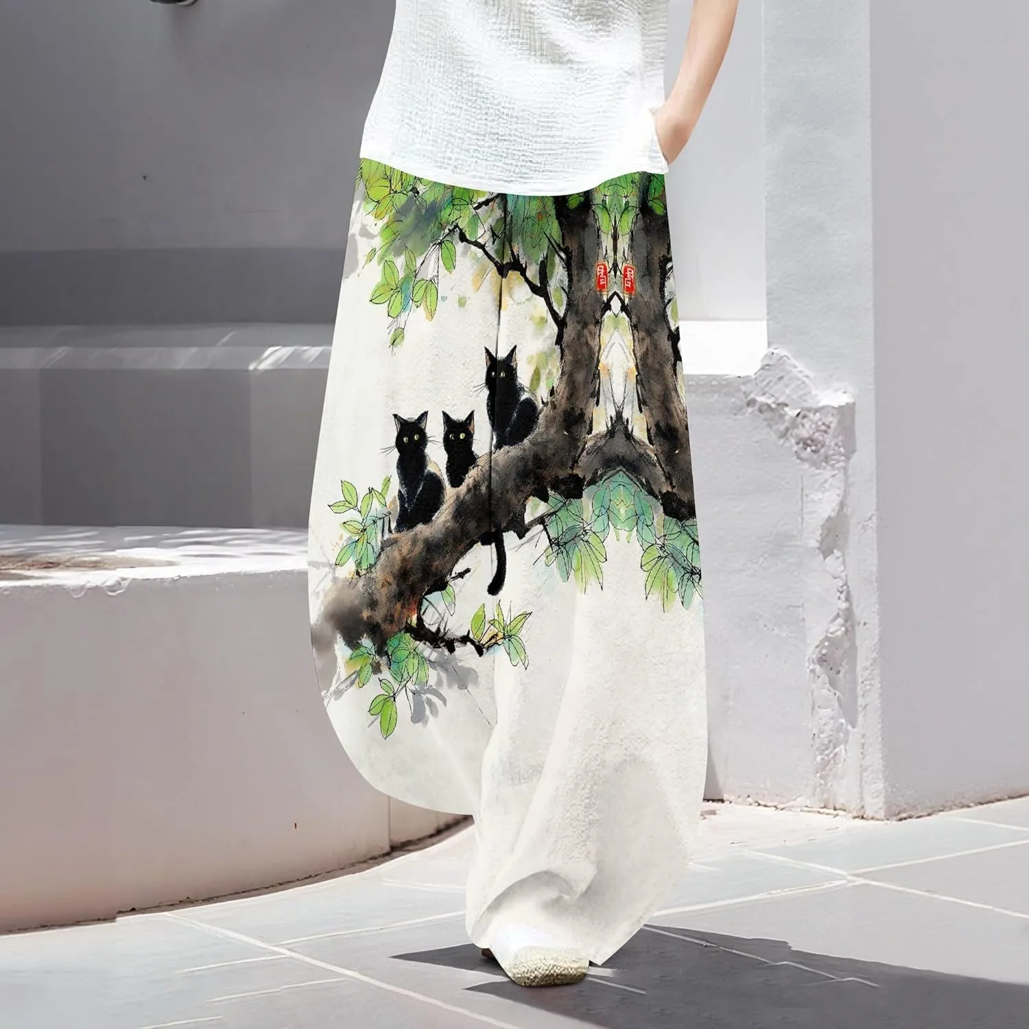Womens Cotton Linen Blend High Waisted Capri Pants with Pockets Summer Elastic Waist Palazzo Lounge Baggy Trousers