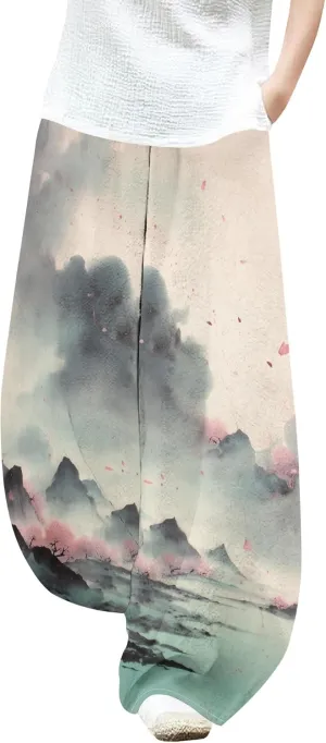 Womens Cotton Linen Blend High Waisted Capri Pants with Pockets Summer Elastic Waist Palazzo Lounge Baggy Trousers