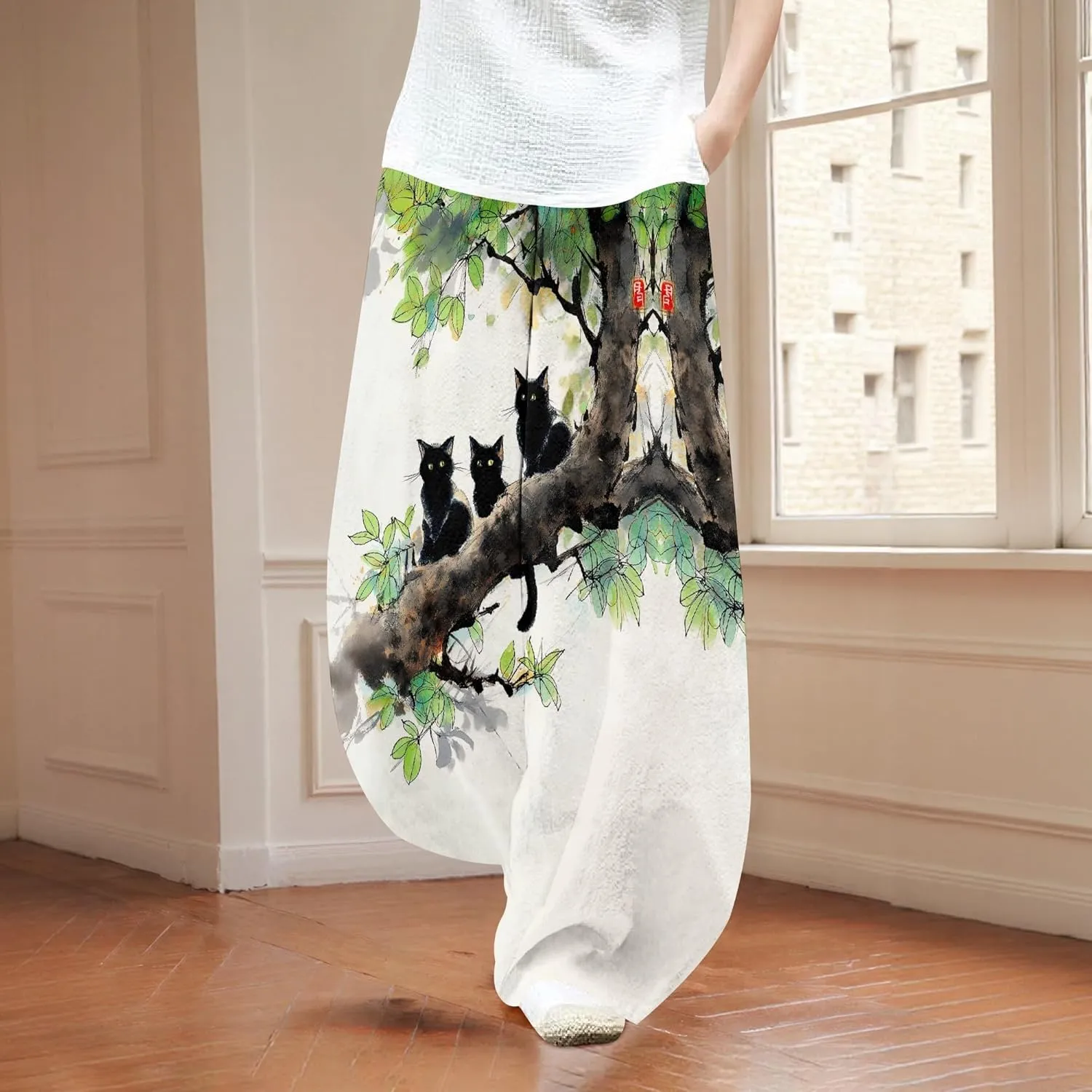 Womens Cotton Linen Blend High Waisted Capri Pants with Pockets Summer Elastic Waist Palazzo Lounge Baggy Trousers