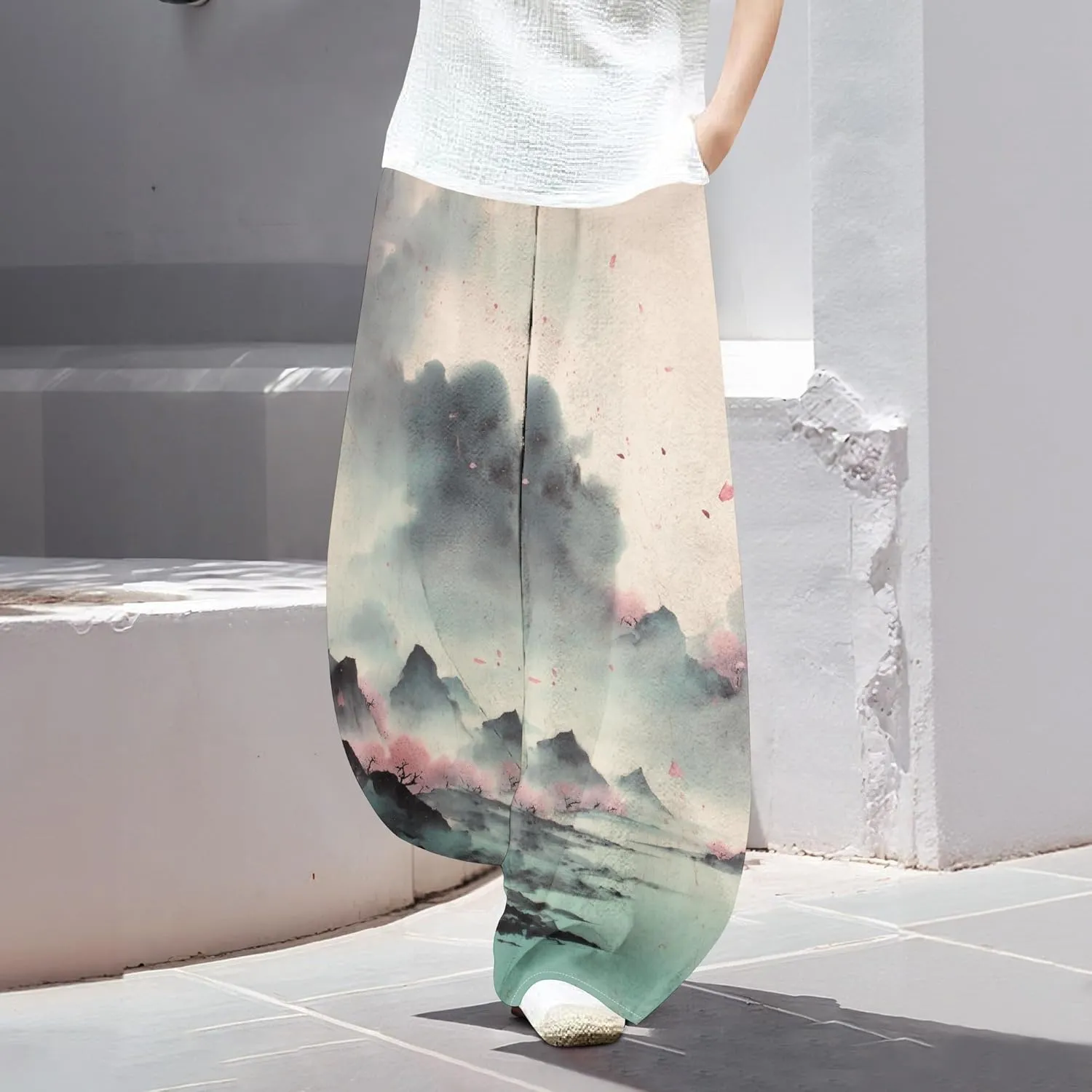 Womens Cotton Linen Blend High Waisted Capri Pants with Pockets Summer Elastic Waist Palazzo Lounge Baggy Trousers