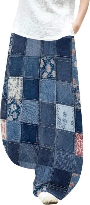 Womens Cotton Linen Low Waisted Harem Pants with Pockets Summer Casual Baggy Elastic Waist Palazzo Lounge Trousers