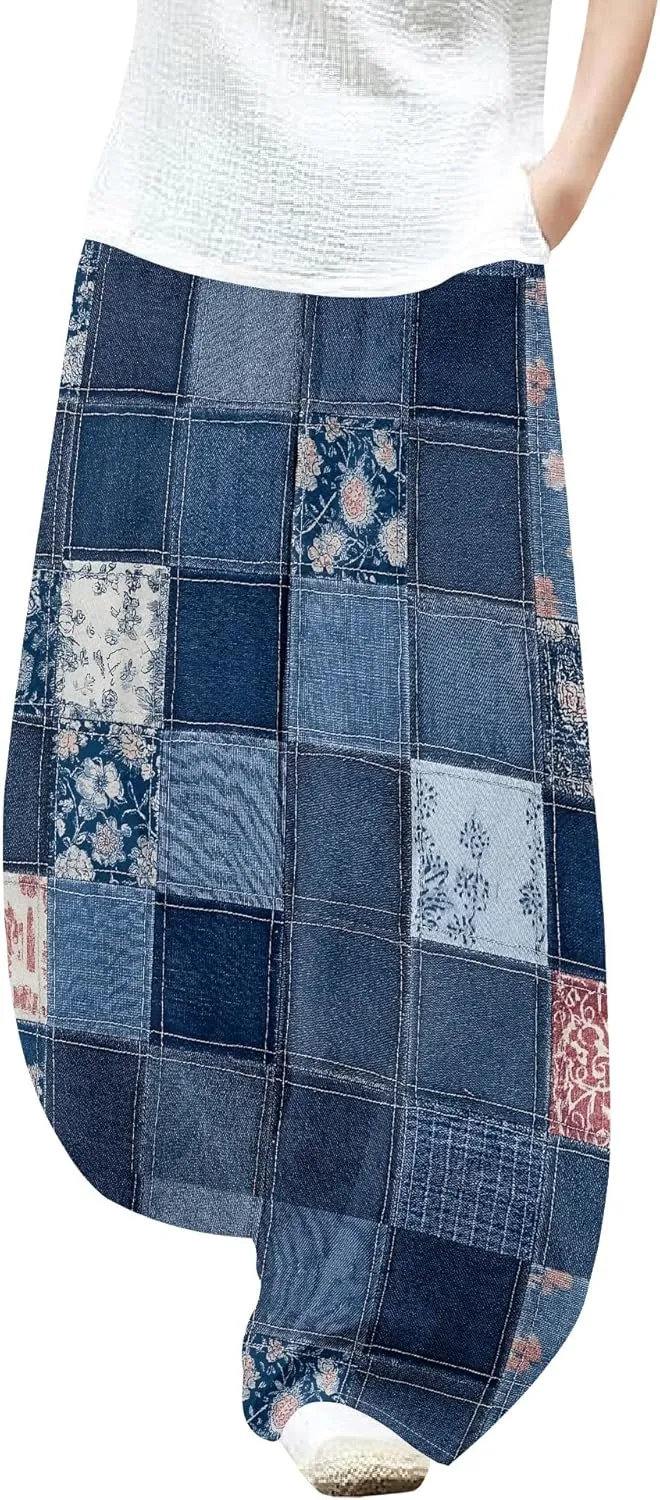 Womens Cotton Linen Low Waisted Harem Pants with Pockets Summer Casual Baggy Elastic Waist Palazzo Lounge Trousers