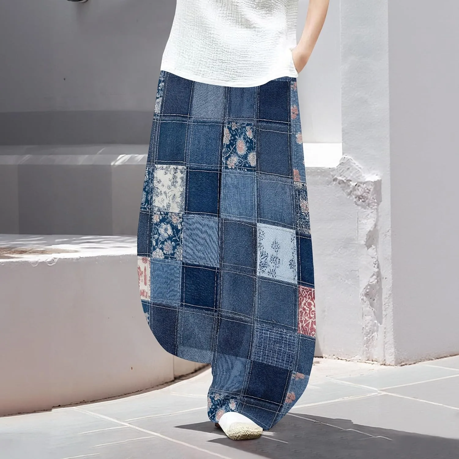 Womens Cotton Linen Low Waisted Harem Pants with Pockets Summer Casual Baggy Elastic Waist Palazzo Lounge Trousers