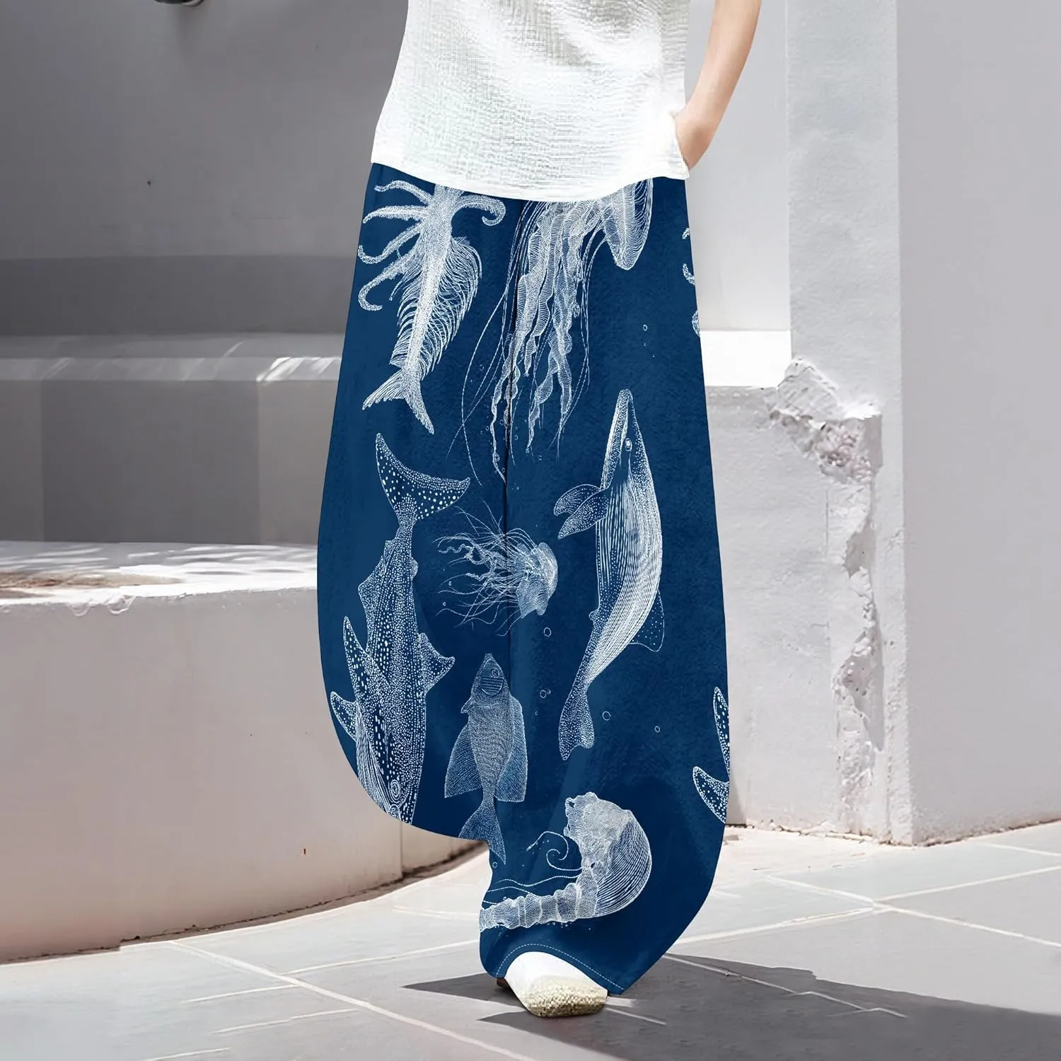 Womens Cotton Linen Low Waisted Harem Pants with Pockets Summer Casual Baggy Elastic Waist Palazzo Lounge Trousers