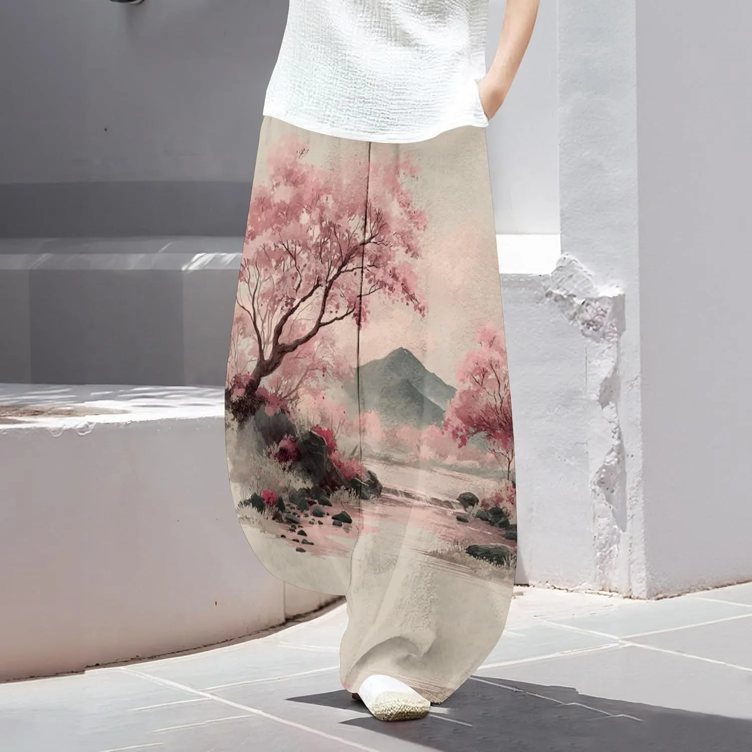 Womens Cotton Linen Low Waisted Harem Pants with Pockets Summer Casual Baggy Elastic Waist Palazzo Lounge Trousers