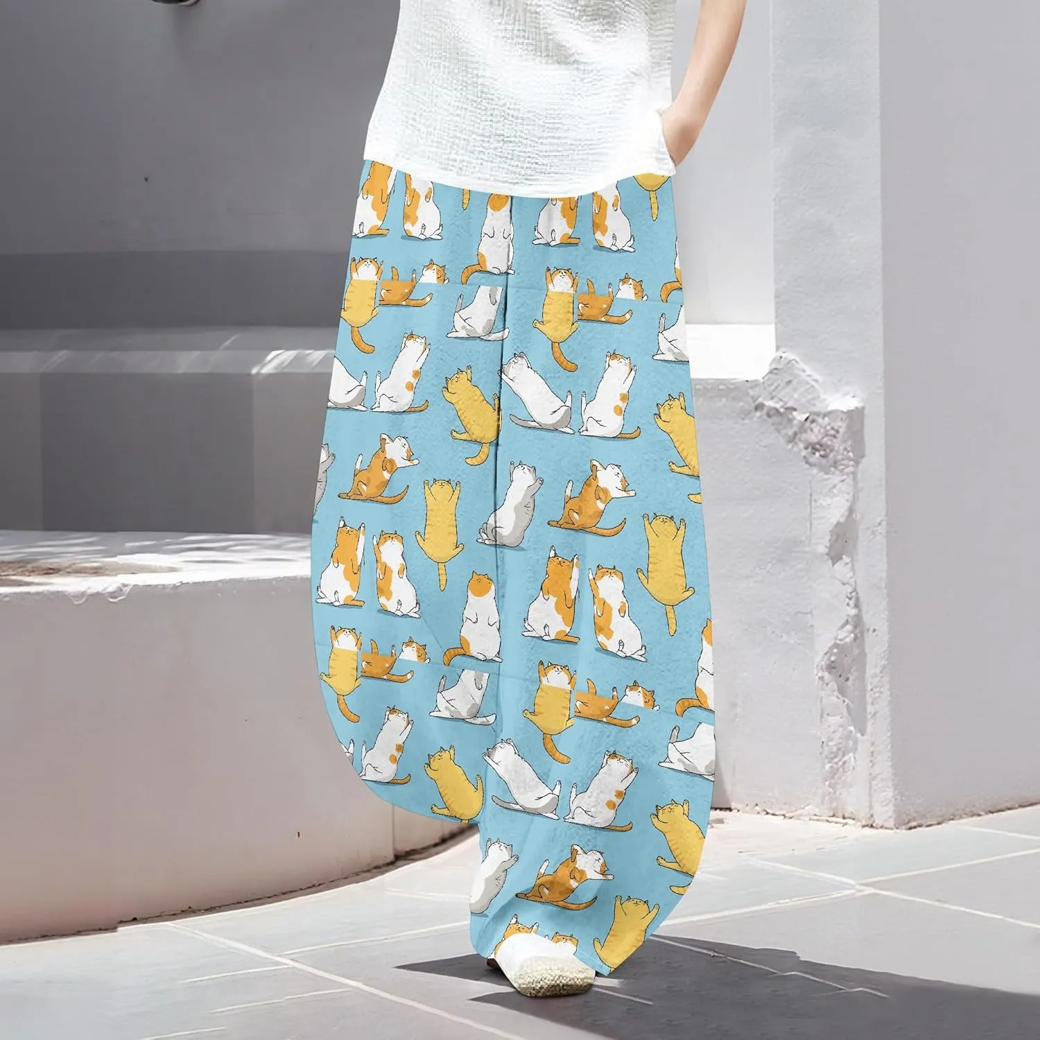 Womens Cotton Linen Low Waisted Harem Pants with Pockets Summer Casual Baggy Elastic Waist Palazzo Lounge Trousers