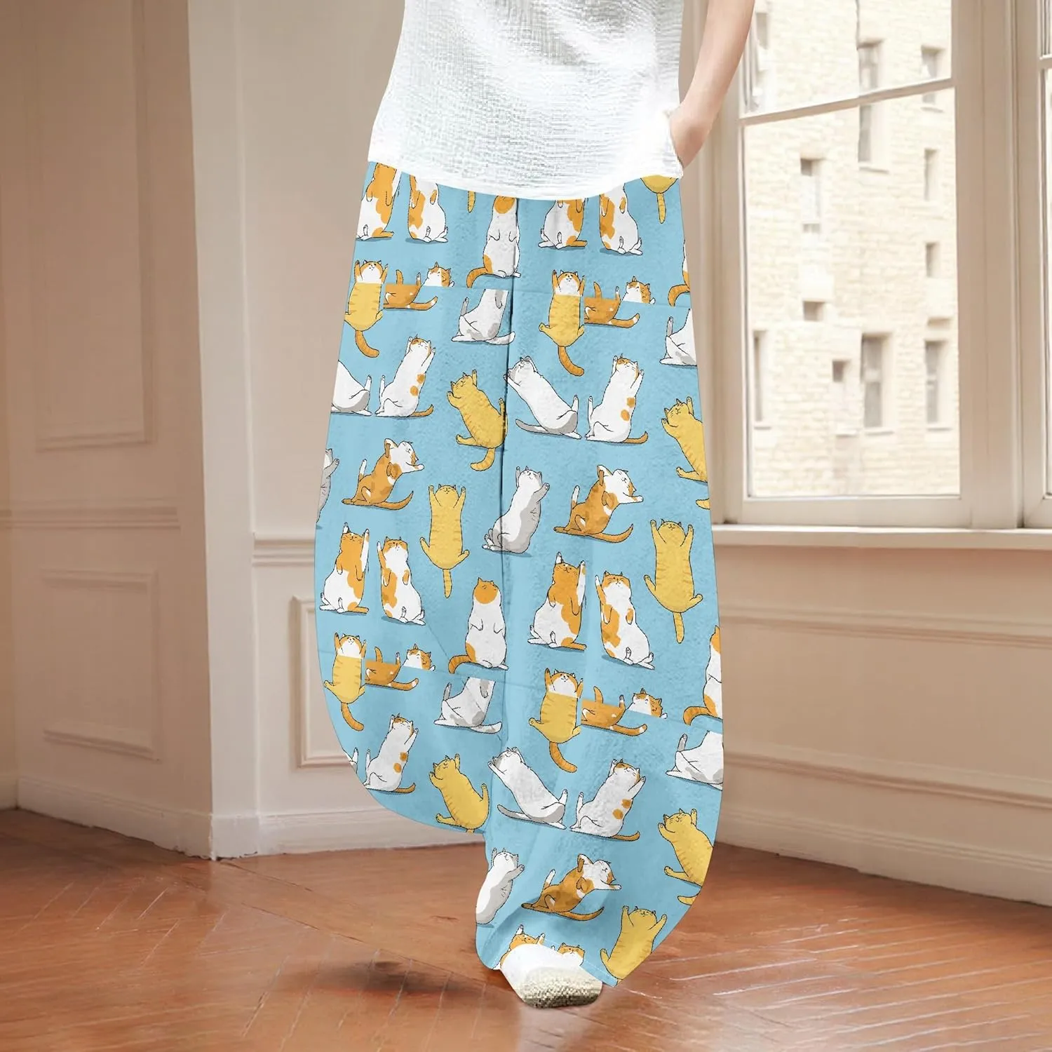Womens Cotton Linen Low Waisted Harem Pants with Pockets Summer Casual Baggy Elastic Waist Palazzo Lounge Trousers