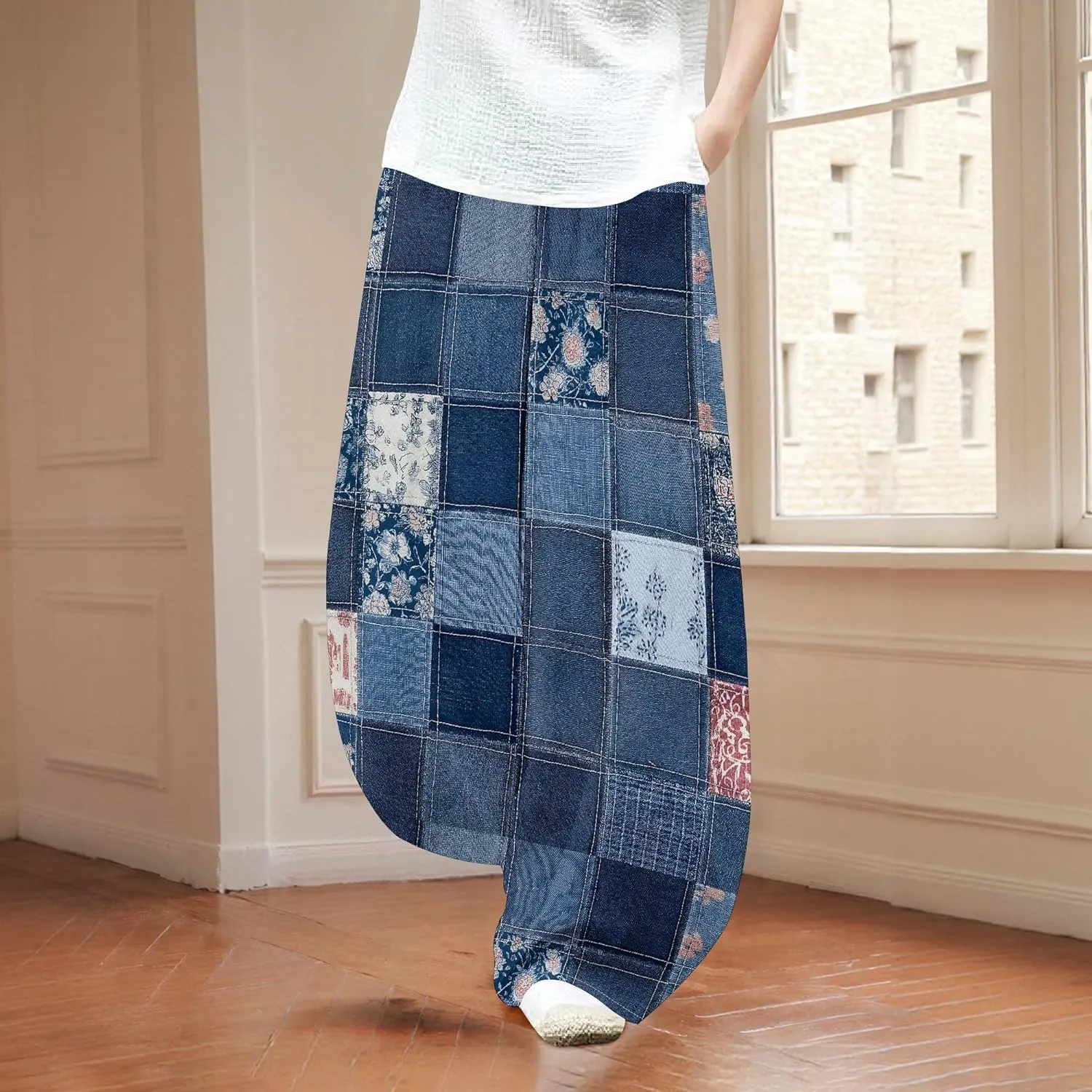 Womens Cotton Linen Low Waisted Harem Pants with Pockets Summer Casual Baggy Elastic Waist Palazzo Lounge Trousers