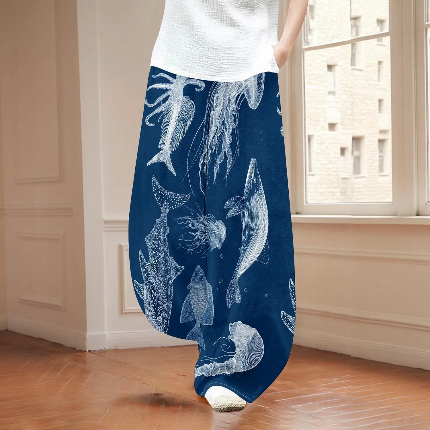 Womens Cotton Linen Low Waisted Harem Pants with Pockets Summer Casual Baggy Elastic Waist Palazzo Lounge Trousers
