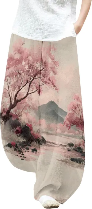 Womens Cotton Linen Low Waisted Harem Pants with Pockets Summer Casual Baggy Elastic Waist Palazzo Lounge Trousers