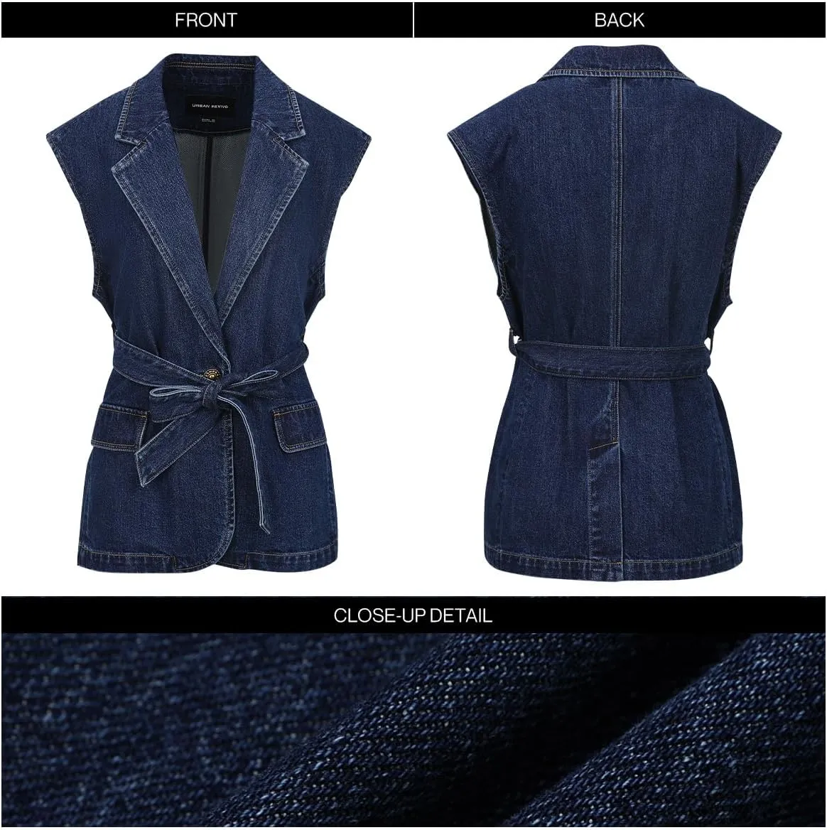 Womens Denim Vest V-Neck Lapel Button Dwon Sleeveless Classic Jean Jackets With Belt Pockets